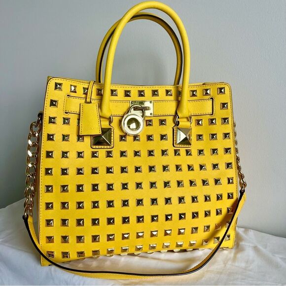 MICHAEL KORS Yellow RARE Studded XL Hamilton Satchel Shoulder Bag Raven Selma - Picture 5 of 10